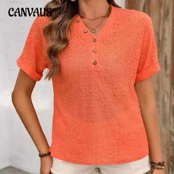 Летняя женская футболка больших размеров с разорванной крючком, полые декоративные пуговицы, v-образный вырез, футболка с короткими рукавами, топ S оранжевый