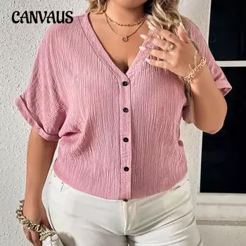 Летняя женская футболка больших размеров с v-образным вырезом и пуговицами, свободная рубашка с короткими рукавами, топы