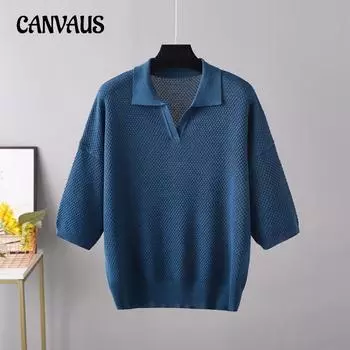 Летняя женская футболка больших размеров с тонким воротником-поло, модные повседневные универсальные трикотажные топы с короткими рукавами One Size жёлтый