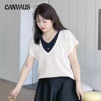 Летняя женская футболка больших размеров с полым v-образным вырезом, свободные вязаные топы с короткими рукавами L чёрный