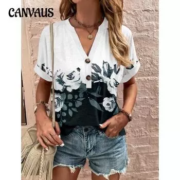 Летняя женская футболка больших размеров с принтом и витой пуговицей, модная футболка с коротким рукавом S чёрный