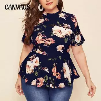 Летняя женская футболка больших размеров с цветочным принтом и круглым вырезом, футболка с короткими рукавами