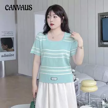 Летняя женская футболка больших размеров с квадратным вырезом в полоску и короткими рукавами, трикотажные топы L синий