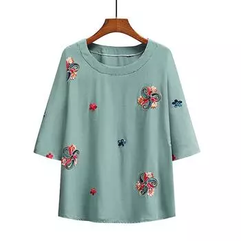 Летняя женская футболка больших размеров с вышивкой в этническом стиле для людей среднего и пожилого возраста с рукавами три четверти 6XL красный