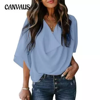 Летняя женская футболка больших размеров, шифоновая блузка, свободные повседневные топы с короткими рукавами и v-образным вырезом S белый