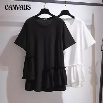 Летняя женская футболка больших размеров средней длины с рюшами и топами с короткими рукавами 2XL белый