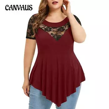 Летняя женская футболка больших размеров, свободный топ с цветочным кружевом и коротким рукавом, круглый вырез, прозрачный топ L чёрный
