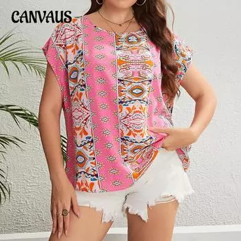 Летняя женская футболка больших размеров в этническом стиле с круглым вырезом, свободный топ XL розовый
