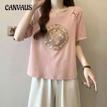 Летняя женская футболка больших размеров в национальном стиле с тяжелой вышивкой, топы с короткими рукавами и круглым вырезом L белый