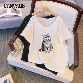 Летняя женская футболка больших размеров в стиле ретро, тонкая футболка с короткими рукавами и принтом кота 2XL белый