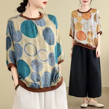 Летняя женская футболка больших размеров в корейском стиле, свободная, утягивающая, с короткими рукавами, с принтом темперамента, из хлопка и льна, модная повседневная футболка L