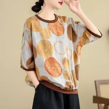 Летняя женская футболка больших размеров в корейском стиле, свободная, утягивающая, с короткими рукавами, с принтом темперамента, из хлопка и льна, модная повседневная футболка L