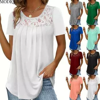 Летняя женская футболка больших размеров в минималистском стиле с ажурным кружевом, однотонная футболка с коротким рукавом и круглым вырезом 2XL чёрный