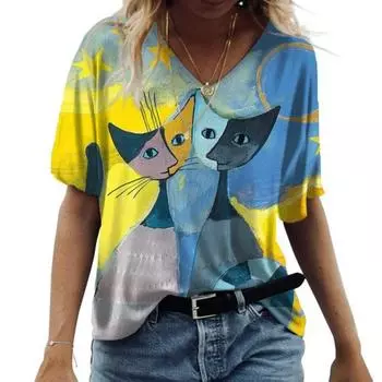 Летняя женская футболка большого размера, повседневная модная пуловер с v-образным вырезом и коротким рукавом, свободные повседневные топы с принтом, дизайнерская одежда S