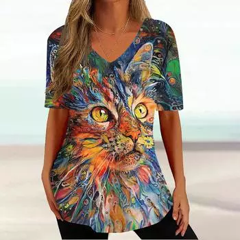 Летняя женская футболка большого размера, повседневная женская футболка с короткими рукавами, милые футболки, пуловер, простой топ с животным принтом, свободная одежда S