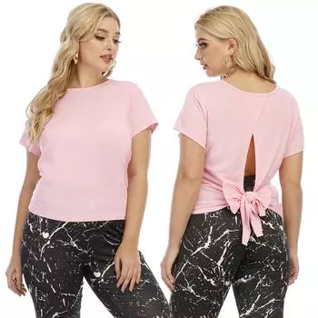Летняя женская футболка большого размера, розовая футболка больших размеров с открытой спиной, женская футболка с галстуком-бабочкой и короткими рукавами, женские футболки, уличная одежда 0XL розовый
