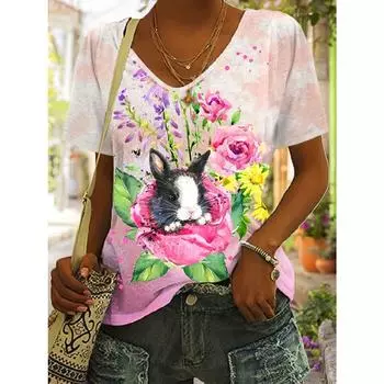 Летняя женская футболка большого размера с принтом кролика - Повседневный топ с коротким рукавом для весны Пасхи женская футболка S