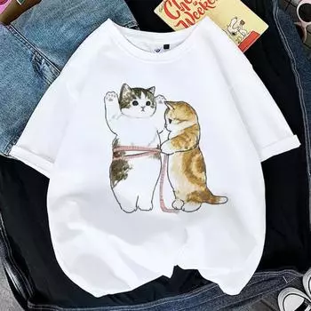 Летняя женская футболка большого размера с забавным принтом Kawaii Cat для девочек, модные топы с 3D принтом животных Y2K, футболка для девочек, черная, белая одежда 2XL