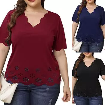 Летняя женская футболка большого размера с цветочным узором и волнистым краем, глубоким V-образным вырезом, короткими рукавами L чёрный