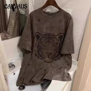 Летняя женская футболка большого размера с короткими рукавами и буквами «Тигр», модные модные тонкие топы