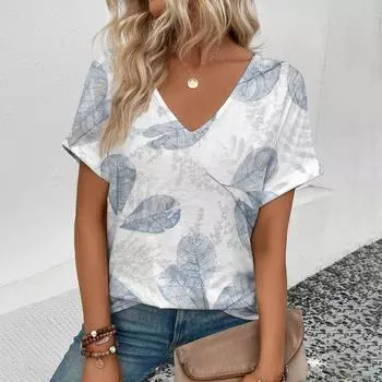 Летняя женская футболка большого размера с модным синим цветочным принтом для отдыха, элегантная футболка с V-образным вырезом, повседневная удобная женская футболка S