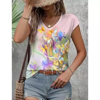 Летняя женская футболка большого размера с коротким рукавом и V-образным вырезом для женщин, модная женская футболка с 3D-цветочным принтом, повседневная одежда 2XS