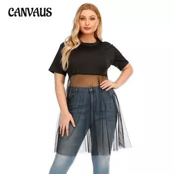 Летняя женская футболка большого размера, сексуальная прозрачная сетчатая модная футболка с круглым вырезом, топы с короткими рукавами 1XL чёрный