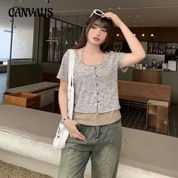 Летняя женская футболка большого размера в стиле лоскутного кроя с коротким рукавом и сладким и пряным принтом XL хаки