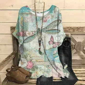 Летняя женская футболка большого размера, женская свободная женская футболка с круглым вырезом, повседневная уличная одежда с короткими рукавами, цветная одежда со стрекозами L
