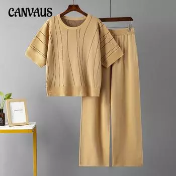 Летняя женская футболка, брючный костюм, модный повседневный свободный комплект с рукавами «летучая мышь», большие размеры, полосатые широкие брюки, комплект из двух предметов One Size