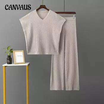 Летняя женская футболка, брюки, модный костюм, комплект больших размеров, с v-образным вырезом, свободный однотонный топ, плиссированные широкие брюки, вязаный комплект из двух предметов One Size чёрный