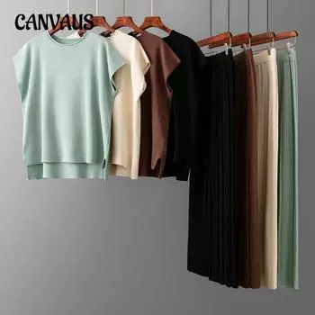 Летняя женская футболка, брюки, повседневный костюм, однотонный жилет без рукавов, трикотаж, широкие брюки, большие размеры, костюм из ледяного шелка One Size чёрный