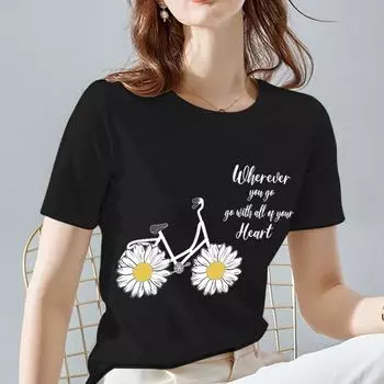 Летняя женская футболка, черные классические женские топы, модные женские футболки с принтом ромашки и круглым вырезом, с короткими рукавами, женская одежда XL