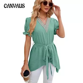 Летняя женская футболка, длинный однотонный кружевной лоскутный топ с v-образным вырезом и коротким рукавом S чёрный