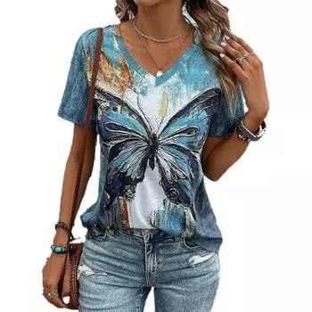 Летняя женская футболка Футболка с 3D-принтом и графикой бабочки Повседневная Повседневные синие принты с коротким рукавом Модные топы с v-образным вырезом стандартной посадки L