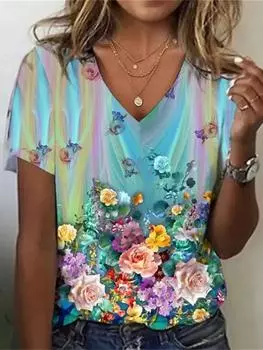 Летняя женская футболка Harajuku с 3d цветами и принтом, одежда, топы с v-образным вырезом и короткими рукавами, модный женский пуловер, женские футболки большого размера S