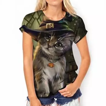 Летняя женская футболка Harajuku с коротким рукавом и милым котом, цифровой 3D принт, с круглым вырезом, модная уличная удобная женская повседневная футболка S