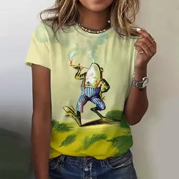 Летняя женская футболка Harajuku с круглым вырезом и принтом в виде 3D-мультяшного персонажа, повседневная свободная футболка с коротким рукавом в стиле ретро S