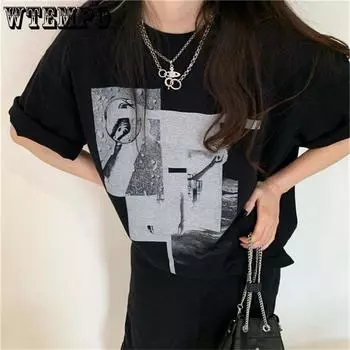 Летняя женская футболка, хлопковая, американская, винтажная, черная, с короткими рукавами, нишевая уличная футболка с короткими рукавами, женская M чёрный