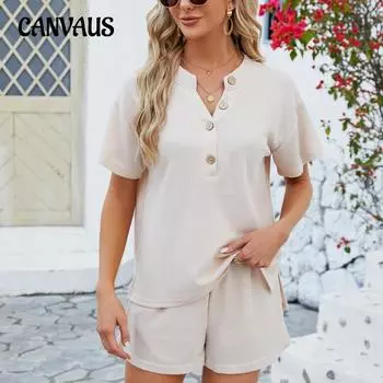 Летняя женская футболка и шорты, комплект домашней одежды, однотонный повседневный вафельный комплект из двух шорт S абрикосовый