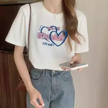 Летняя женская футболка из чистого хлопка с круглым вырезом и короткими рукавами, новая модная футболка с принтом S белый