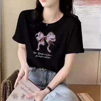 Летняя женская футболка из чистого хлопка с круглым вырезом и короткими рукавами, новая модная футболка с принтом S белый