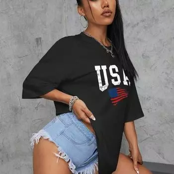 Летняя женская футболка из чистого хлопка с короткими рукавами и принтом в виде флага и букв, с открытой спиной, модная повседневная женская футболка с короткими рукавами, женские футболки S белый