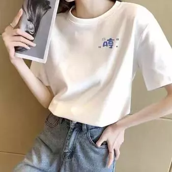 Летняя женская футболка из чистого хлопка с круглым вырезом и короткими рукавами, новая модная футболка с принтом S белый