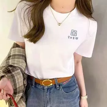 Летняя женская футболка из чистого хлопка с круглым вырезом и короткими рукавами, новая модная футболка с принтом S белый