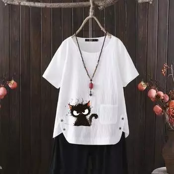 Летняя женская футболка из хлопка и конопли с принтом кошек и V-образным вырезом 2025 года — мягкая и дышащая S белый