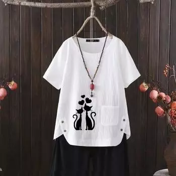 Летняя женская футболка из хлопка и конопли с принтом кошек и V-образным вырезом 2025 года — модная и удобная S белый