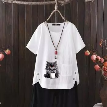 Летняя женская футболка из хлопка и конопли с принтом кошек и V-образным вырезом 2025 года — стильно и непринужденно S белый
