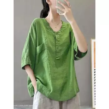 Летняя женская футболка из хлопка и льна с V-образным вырезом и короткими рукавами, однотонная футболка в стиле ретро с короткими рукавами и карманами XXXXL белый