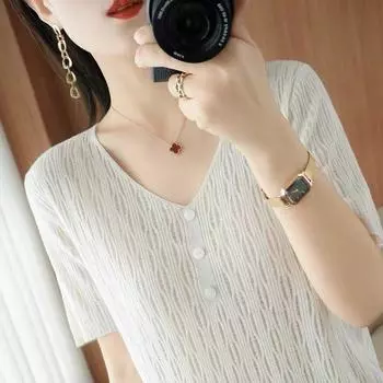 Летняя женская футболка из ледяного шелка с v-образным вырезом, тремя пуговицами и короткими рукавами, верхняя одежда, трикотажные топы, тонкая узкая нижняя футболка с вырезами OneSize чёрный